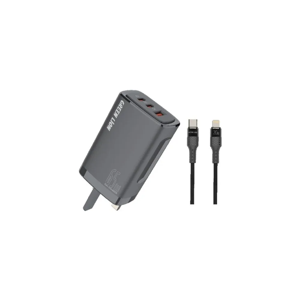 Green Lion PD+PD+QC3.0 Gallium Nitride Charger 65W+Type-C – Lightning data cable 1m Black