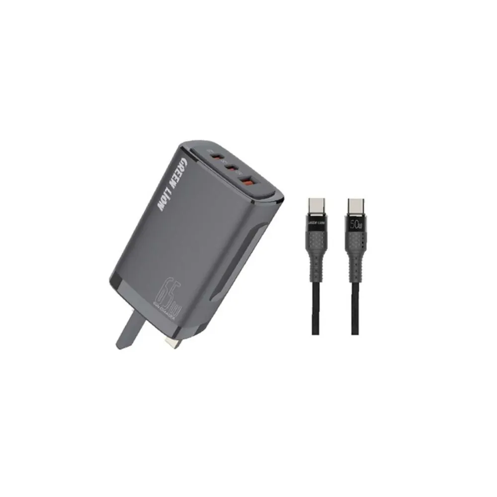 Green Lion PD+PD+QC3.0 Gallium Nitride Charger 65W+Type-C – Type-C data cable 1m Black