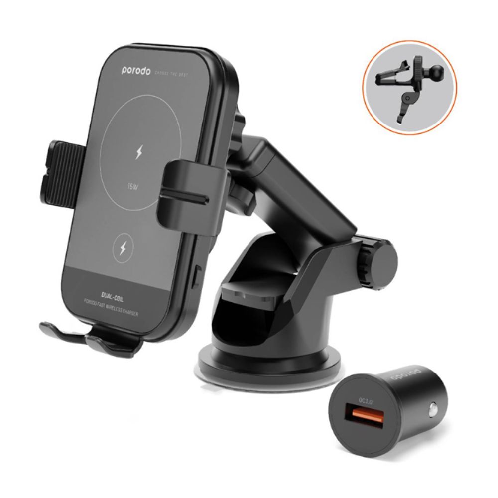 Porodo 3 in 1 Car Charger Mount 15W With QC3.0 Car Charger – PD-WCM15W-BK