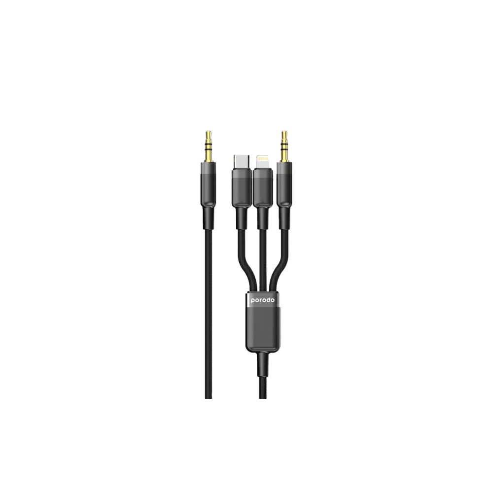Porodo 3in1 Aux 3.5 to 3.5+C+Lightning Cable 1.2M – Black