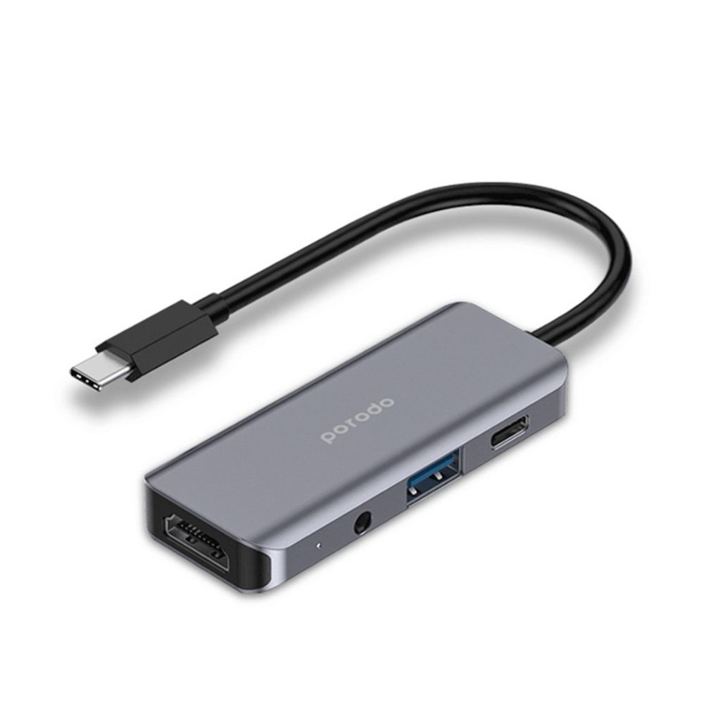 Porodo 4in1 USB-C Hub Type-C PD 100W HDMI USB 3.5mm Aux – Grey