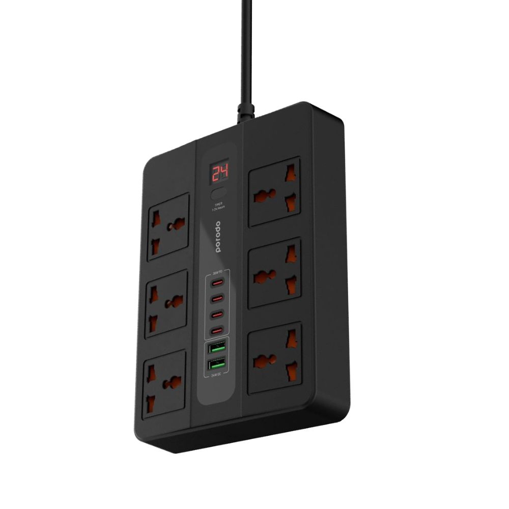 Porodo 6 AC 2 USB-A 24W & 4 USB-C PD 36W Multi-Port Super Hub 3M 3000W UK – Black