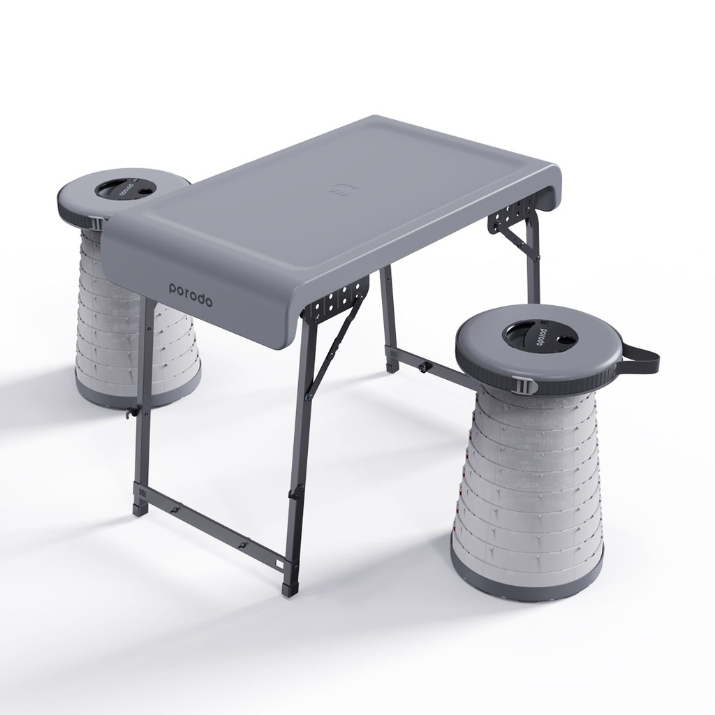 Porodo Camping Foldable Desk and LED (White/Yellow) Stool Set – Grey