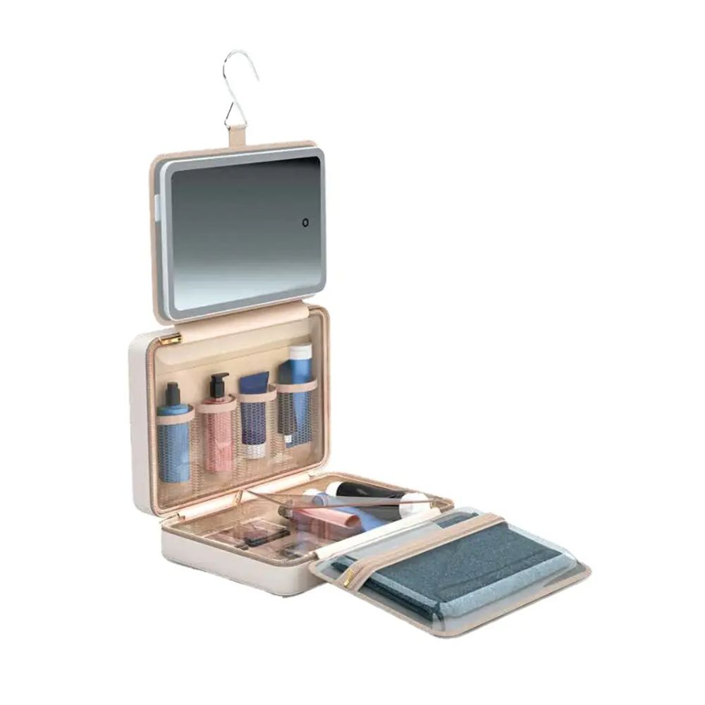 Porodo Travel Makeup Case with Detachable LED Mirror & Hanging Hook – Beige