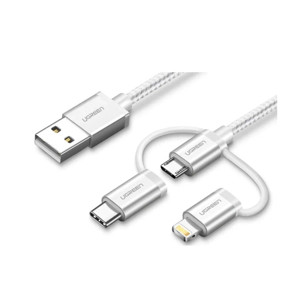 UGREEN 3 in1 USB-A to Lightning + USB-C + Micro-USB Braided Cable & Aluminum Body, MFI Apple Certified, 1.5M