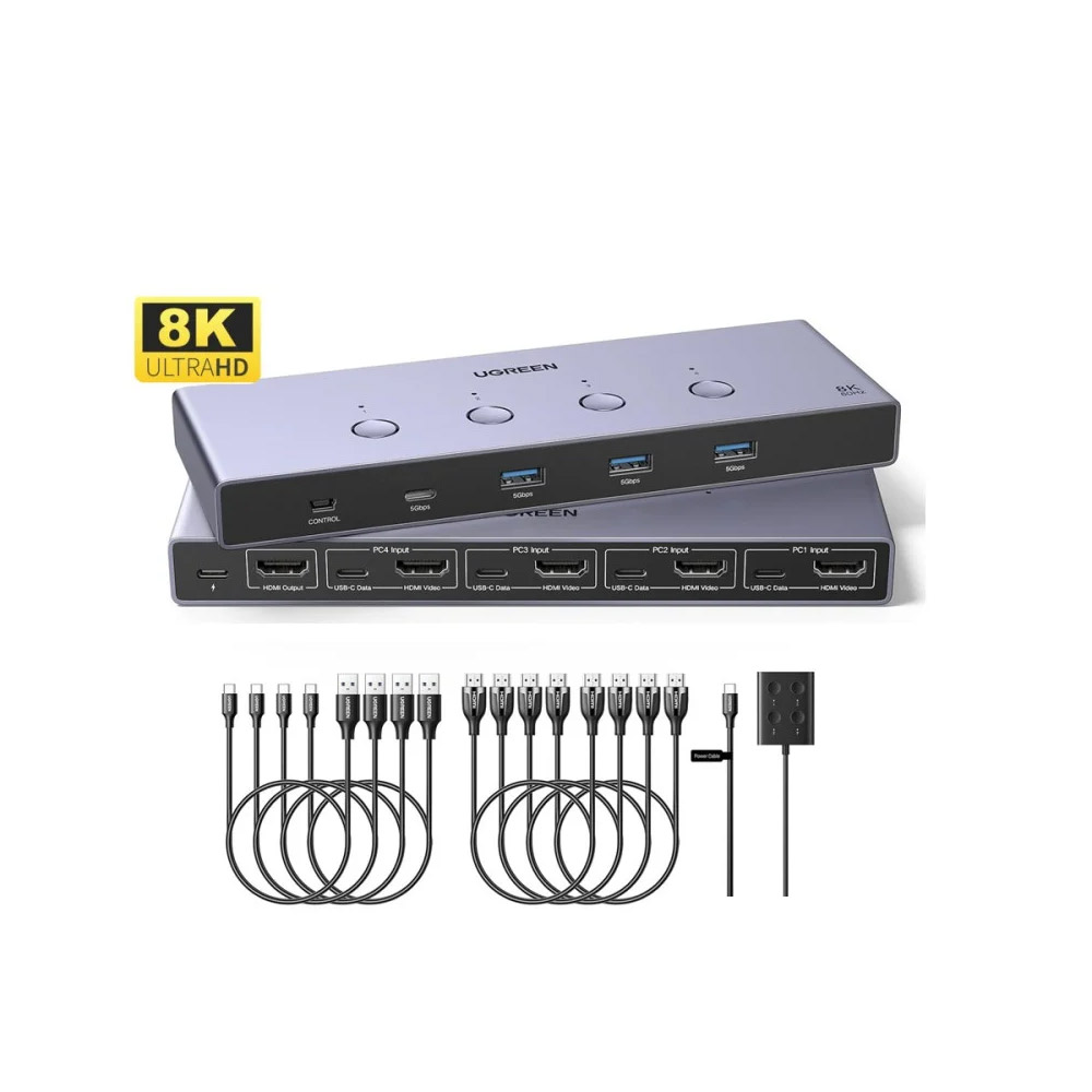 UGREEN – AK701 8K 4Ports HDMI KVM Switch Box, Control 4 PC’s Sharing Single Monitor & 3 USB-A 3.0 Port + 1 port USB-C DATA – 55397