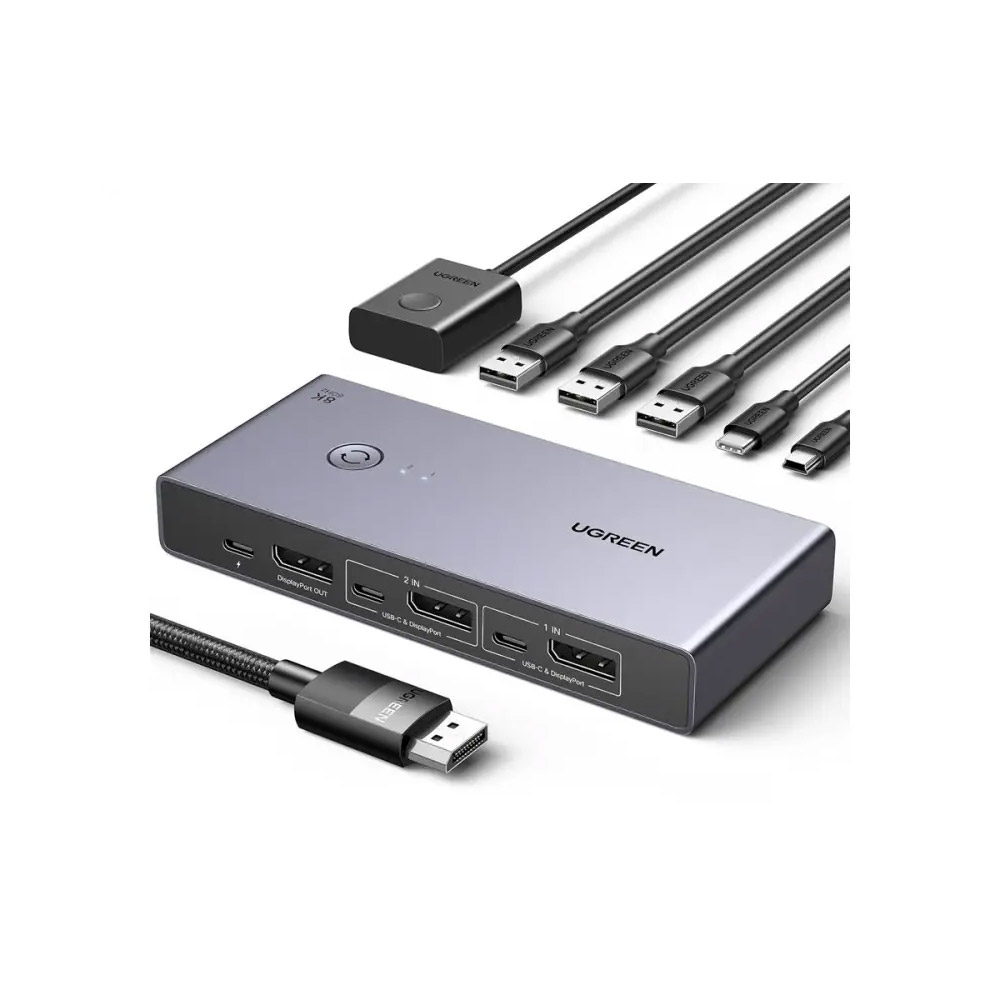 UGREEN – CM695 8K 2Ports DISPLAY PORT KVM Switch Box, Control 2 PC’s Sharing Single Monitor and 3 USB-A + 1 USB-C Ports – 25962
