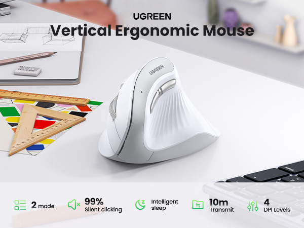 UGREEN – MU008 Vertical Mouse, Dual Mode Bluetooth & Wireless Mouse, Silent Click, 4000DPI