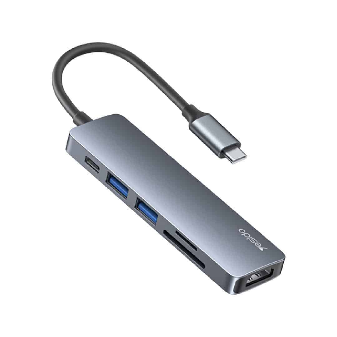 Yesido HB11 6-in-1 Aluminium Alloy USB-C Multiport Hub Adapter with 4K HDMI & Card Reader, Authentic Grey